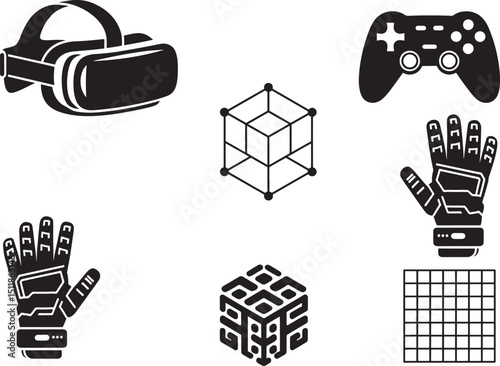 Virtual Reality and Gaming Technology Icons Vector Set for Immersive Experiences, Interactive Entertainment and Digital Worlds