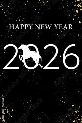 2026年午年、白い馬と黒背景の高級感ある年賀状テンプレート