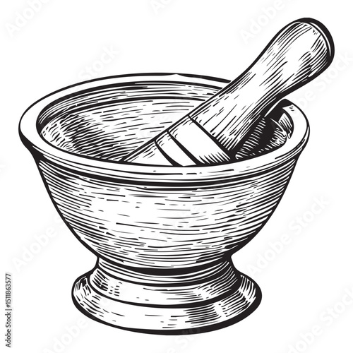 Vintage Mortar and Pestle Engraving Illustration for Apothecary and Herbal Medicine, Concept herbal shops, cooking schools