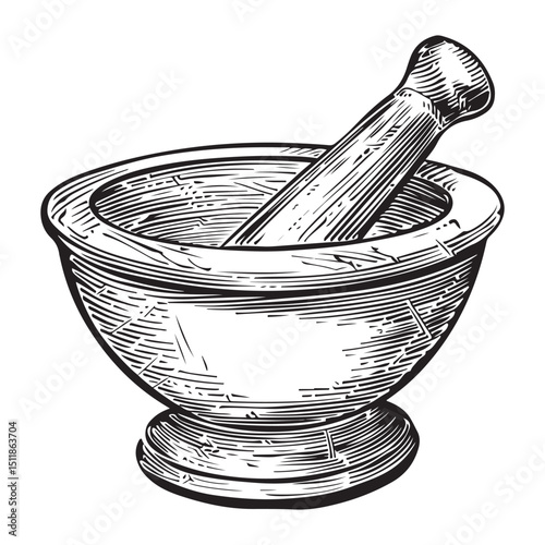 Vintage Mortar and Pestle Engraving Illustration for Apothecary and Herbal Medicine, Concept herbal shops, cooking schools