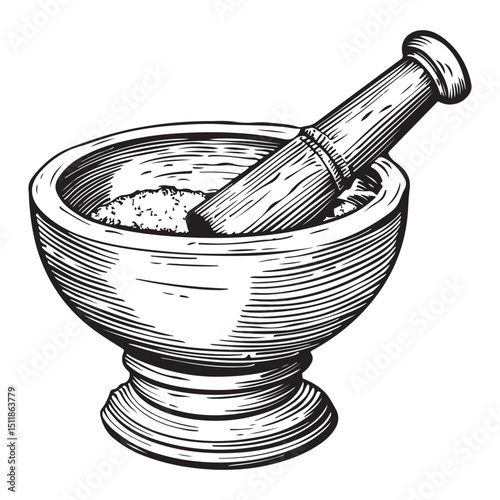 Vintage Mortar and Pestle Engraving Illustration for Apothecary and Herbal Medicine, Concept herbal shops, cooking schools