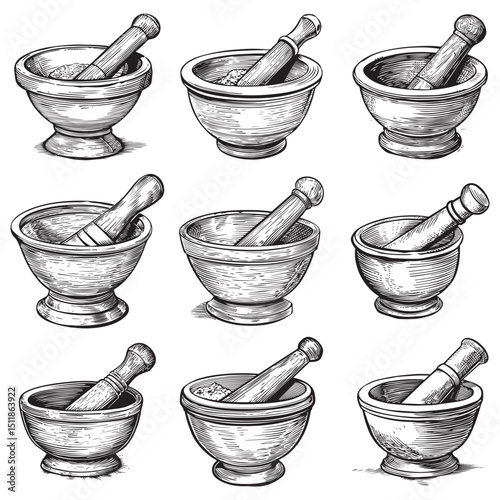 Vintage Mortar and Pestle Engraving Illustration for Apothecary and Herbal Medicine, Concept herbal shops, cooking schools