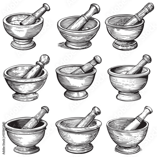 Vintage Mortar and Pestle Engraving Illustration for Apothecary and Herbal Medicine, Concept herbal shops, cooking schools