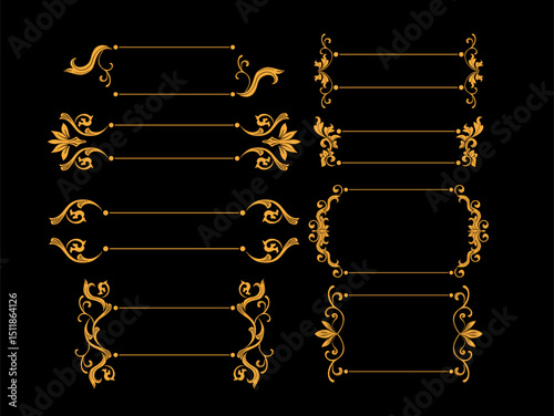 Gold Floral Flourishes Frames, Golden Flower Swirl and Traditional Plant Border Ornaments in Baroque or Victorian Style, Isolated Vector Royal Embellishment, Wedding Arrangements Set, Black Background
