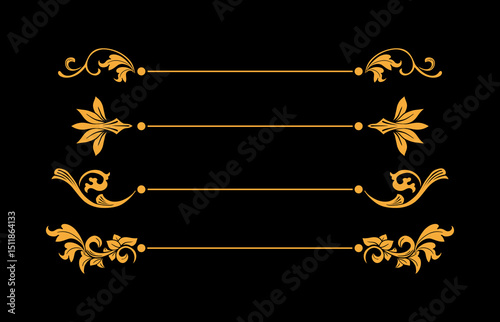 Gold Flourish Divider, Floral Scroll with Line Swirls Traditional Plant Ornaments in Baroque or Victorian Style, Golden Isolated Vector Royal Embellishment, Wedding Arrangements Set, Black Background