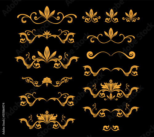 Gold Floral Flourishes, Golden Floral Flower Swirls Traditional Plant Ornaments in Baroque or Victorian Style, Isolated Vector Royal Embellishment and Wedding Arrangements Set on Black Background