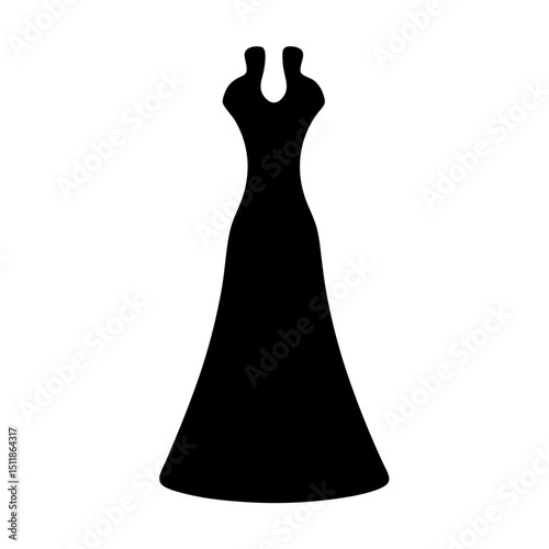 Elegant silhouette of a long black evening gown on white backdrop