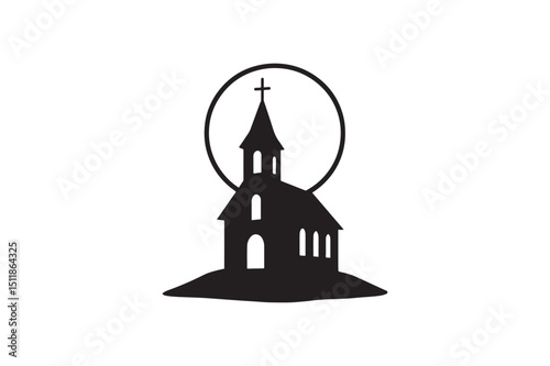 Church with full moon silhouette vector art illustration on white background
