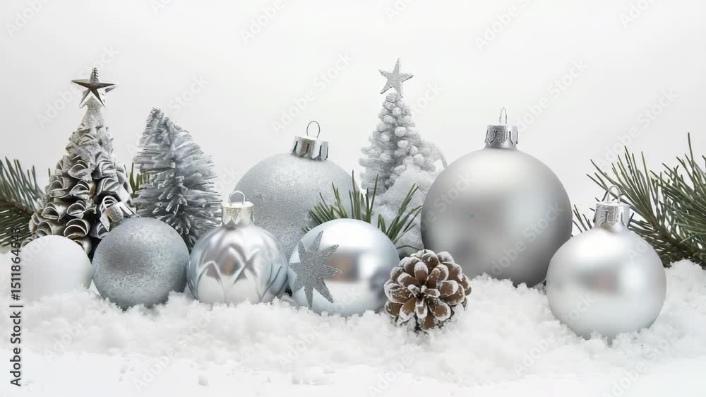 A festive display features silver Christmas ornaments, decorative trees, and pine needles arranged in artificial snow, ideal for holiday decorations and creating a winter ambiance.