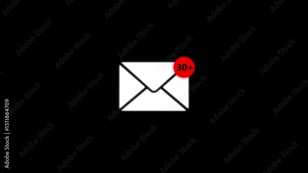 Thirty plus message notification popup 3d animation white color black background New message and mail inbox notification icon. Envelope Outline web line icon.