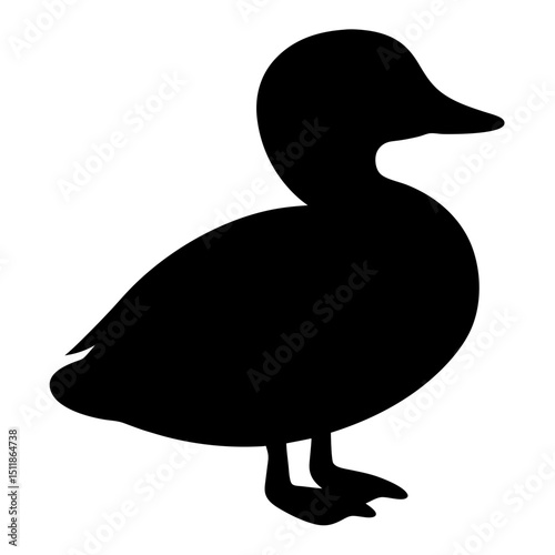 Silhouette of a duck standing, with its body facing right in black