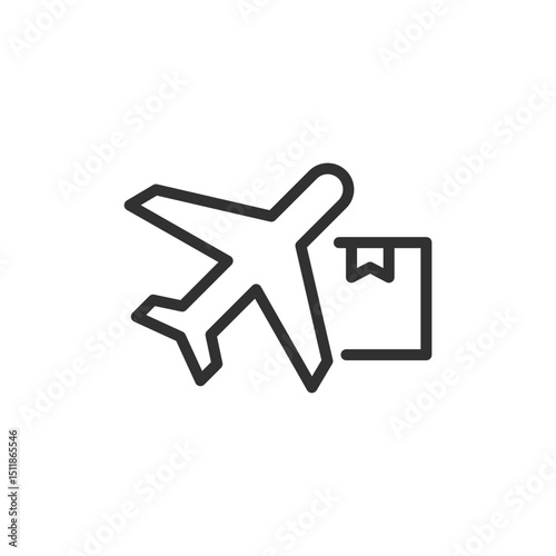 Airplane with package, linear icon. Air cargo and international delivery. Line with editable stroke.
