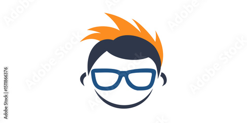 Geek Head with hairstyle wearing glasses Logo Design.Stylish, geeky character icon with vibrant orange hair.A simple, stylized graphic of a person with a vibrant orange mohawk and glasses.