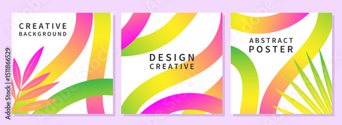 Creative abstract background with gradient lines, rainbow ribbons, waves and shapes. Summer bright and juicy banners set. Vector templates for celebration, ads, cover, poster, sales