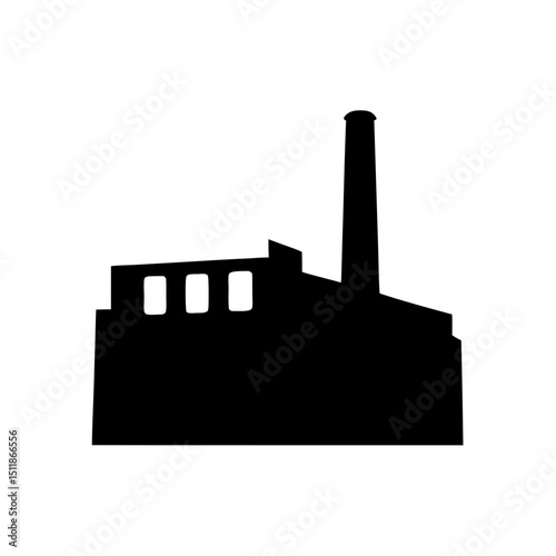 Silhouette of a factory building with a smokestack isolated on white