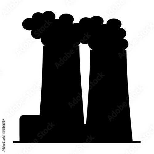 Black Silhouette of a Nuclear Power Plant with Smoke and Towers