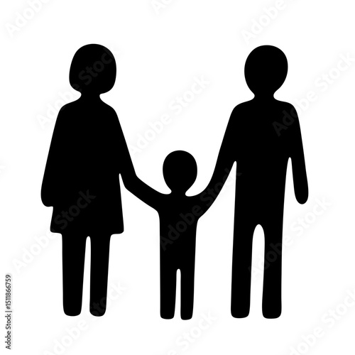 Stylized black silhouette illustration of a family holding hands together on white