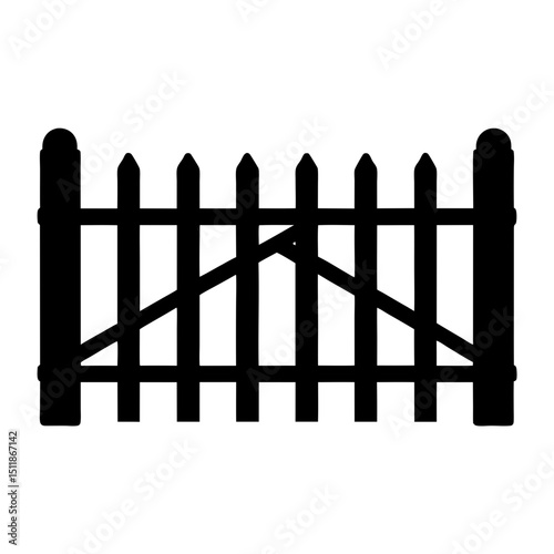 Simple black silhouette illustration of a traditional picket fence on white