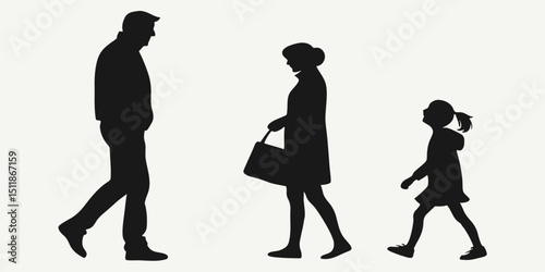 Family Silhouette of Man, Woman, and Daughter. Loving Parent and Child  Silhouette Art Vector Illustration