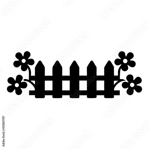 Simple black vector picket fence illustration with flowers on both sides