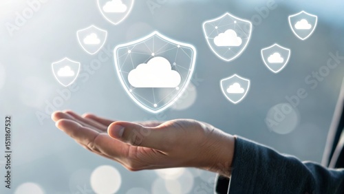 A hand reaching out with digital cloud icons representing technology and security.