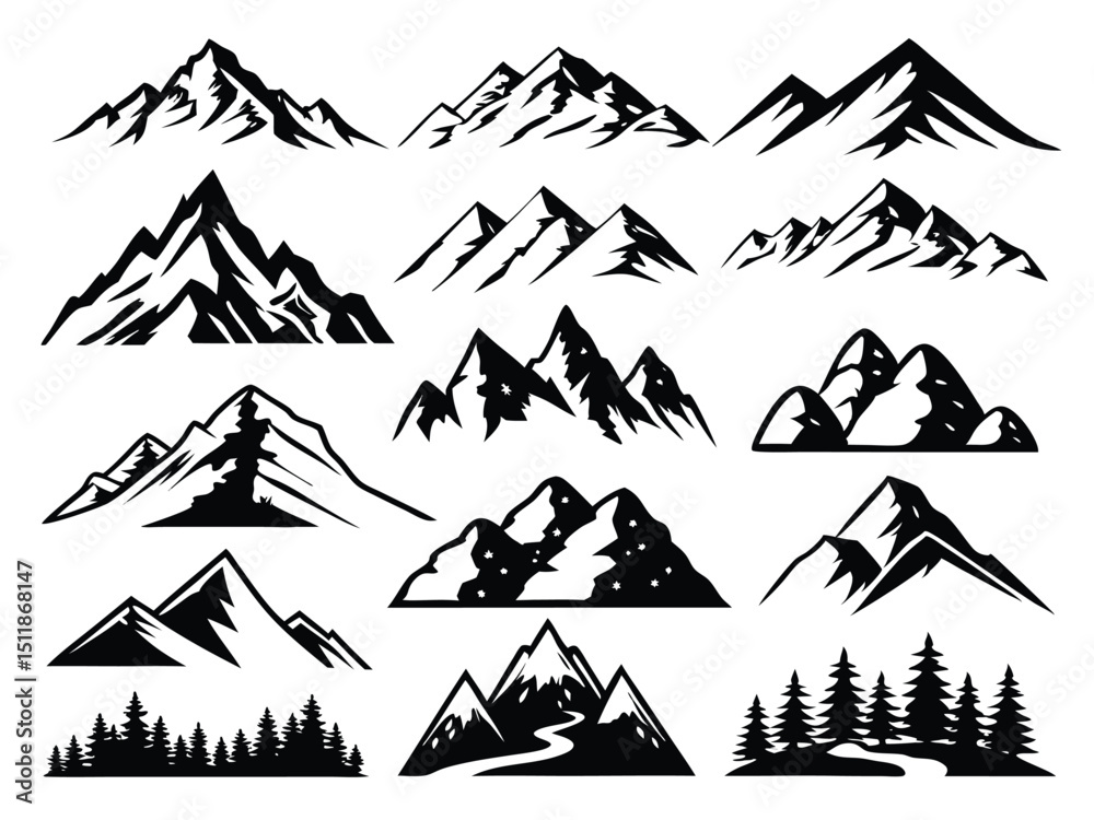 Fototapeta premium Mountain Icon Set – Vector Peaks, Landscapes & Nature Symbols in Various Styles