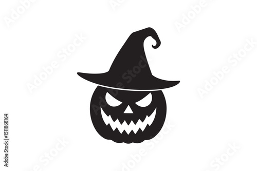 Pumpkin with witch hat silhouette vector art illustration on white background