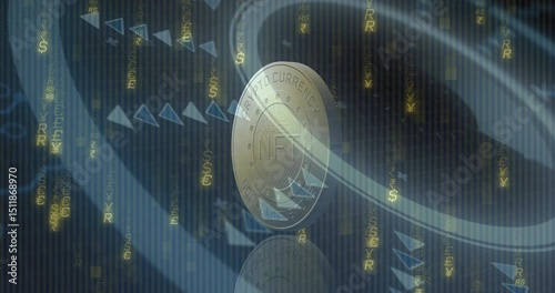 On start, gold-colored crypto NFT coin appearing then rotating to reveal faces on trading dashboard