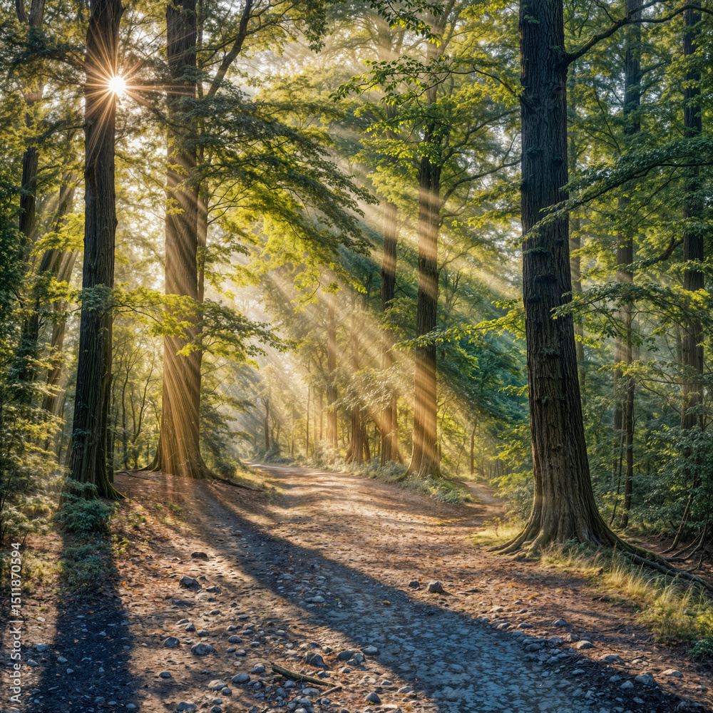 Obraz premium Sunlight Streaming Through Forest Canopy on Woodland Trail