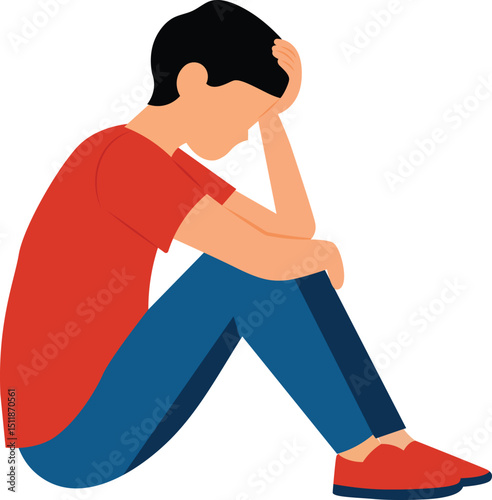 Sad Man Sitting Alone Flat Vector Illustration of Depression and Loneliness.