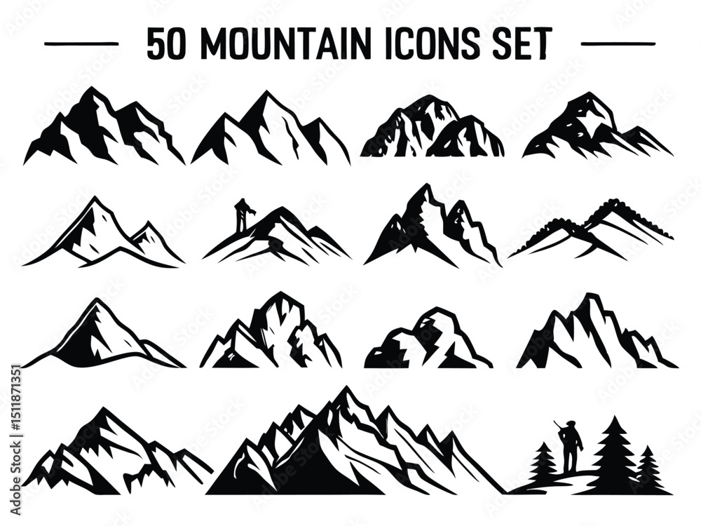 Fototapeta premium Mountain Icon Set – Vector Peaks, Landscapes & Nature Symbols in Various Styles