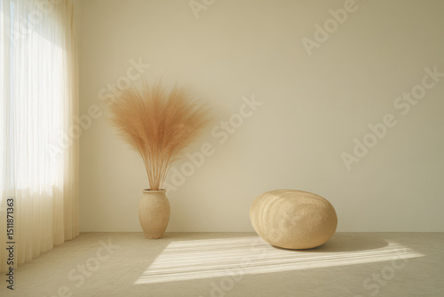 serene and minimalistic interior space featuring single elegant object that embodies harmony