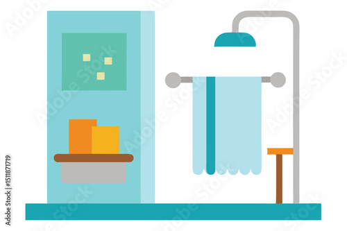Bathroom with shower stall and towels in modern interior setup vector art illustration