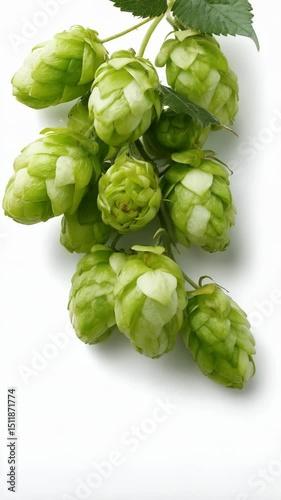 Fresh green hop cones, Humulus lupulus, hanging on a branch with leaves, arranged on a white background, close-up, studio shot