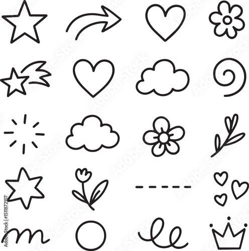 Cute line sketch star, arrow, cloud decoration element icon set. Hand drawn sketch doodle cute star, heart, flower element. Line text decoration scribble shape icon. Hand drawn Vector illustration.