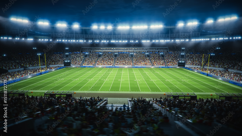 Fototapeta premium Night Aerial View of a Crowded American Football Stadium. Fans Fill the Stands, and the Field Is Ready for a Major Event. Excitement of a Championship Match With Spectators. Establishing Shot