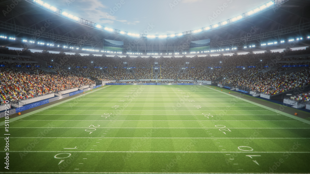 Fototapeta premium Day Aerial Elevated View of an American Football Stadium With Enthusiastic Fans. Field of a Major Championship Game, Capturing the Anticipation and Energy of the Spectators with Start of the Game