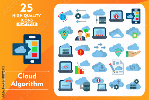 Cloud Algorithm Flat Icon Set. Incleded Icons Worldwide, Elastic, Server, Information, Application, Private, Content, Cloud Computing, Cloud. Vector Icons Collection