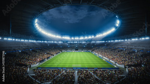Night Drone Flight Circles Soccer Stadium During Major Event. Football Tournament, Cup Broadcast. Sport Channel Network Television Screen Content