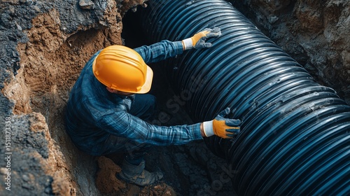 Construction worker installs large plastic water pipe in trench at construction site. Man wears safety helmet, gloves. Plumbing, infrastructure, water supply, sewage system concept.