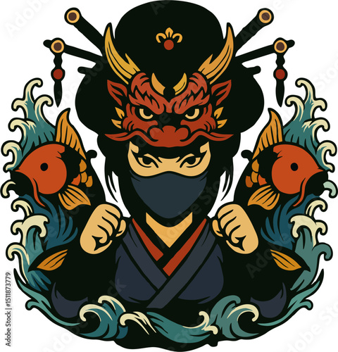 Samurai Geisha Warrior with Dragon Mask, Koi Fish and Ocean Waves – Japanese Tattoo Style Vector