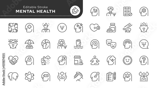 Mental health line icon set. Psychological help, psychologist, depression, stress, anxiety, panic, mental disorder, ptcd, fear, psychology and more. Outline icon in linear style.Vector collection