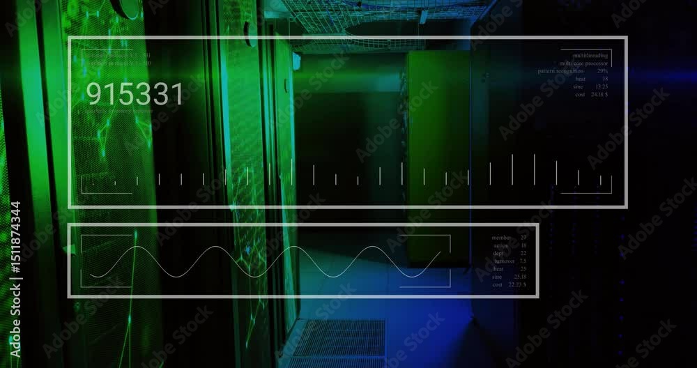 Scanning interface activating at start, displaying changing metrics visualizing server performance