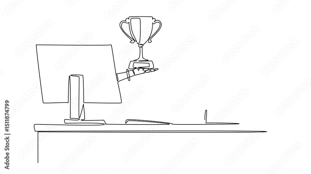 Self drawing animation of continuous line drawing hand of robot out from monitor screen while holding trophy. Highly prestigious award for robot intelligence. Things from Screen. Full length animated Self drawing animation of continuous line drawing hand of robot out from monitor screen while holding trophy. Highly prestigious award for robot intelligence. Things from Screen. Full length animated