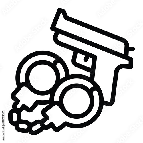 Pistol gun and handcuffs line icon, family lawyer concept. Vector graphics. Handcuffs with pistol, crime responsibility sign on white background, style for mobile or design