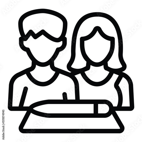 Married couple and contract paper line icon, family lawyer concept. Vector graphics. Document with pen and young people sign on white background, style for mobile or design.