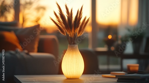 A ceramic vase embedded with a vertical LED light strip, glowing softly in a warm amber tone, highlighting dried pampas grass in a cozy bohemian living space with layered textures and soft fabrics. photo