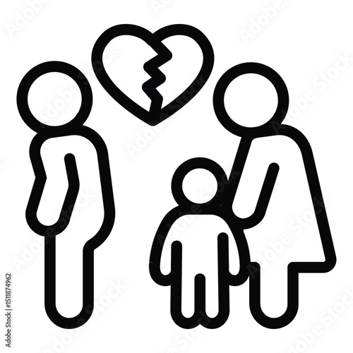 Cheating man with broken heart, woman and child line icon, family lawyer concept. Vector graphics. Marriage problem sign on white background, style for mobile or design.