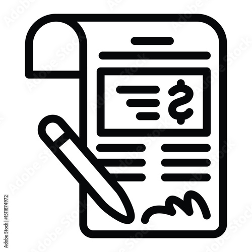 Expenses document with pen signature line icon, family lawyer concept. Vector graphics. Taxation and court fee contract sign on white background, style for mobile or design.