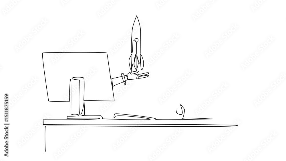 Self drawing animation of continuous line drawing hand of robot out of monitor screen while hold money tree with leaves made of banknotes. Branching benefits. Things from Screen. Full length animated